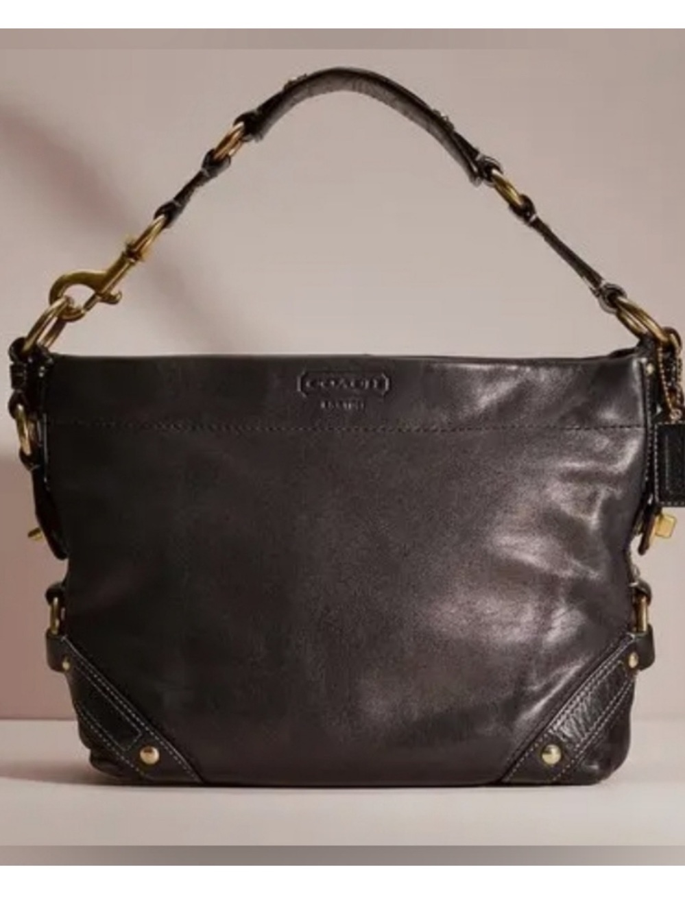 Coach CARLY Black Leather Hobo with lots of cool Brass Hardware. Elegant luxury - Picture 2 of 16